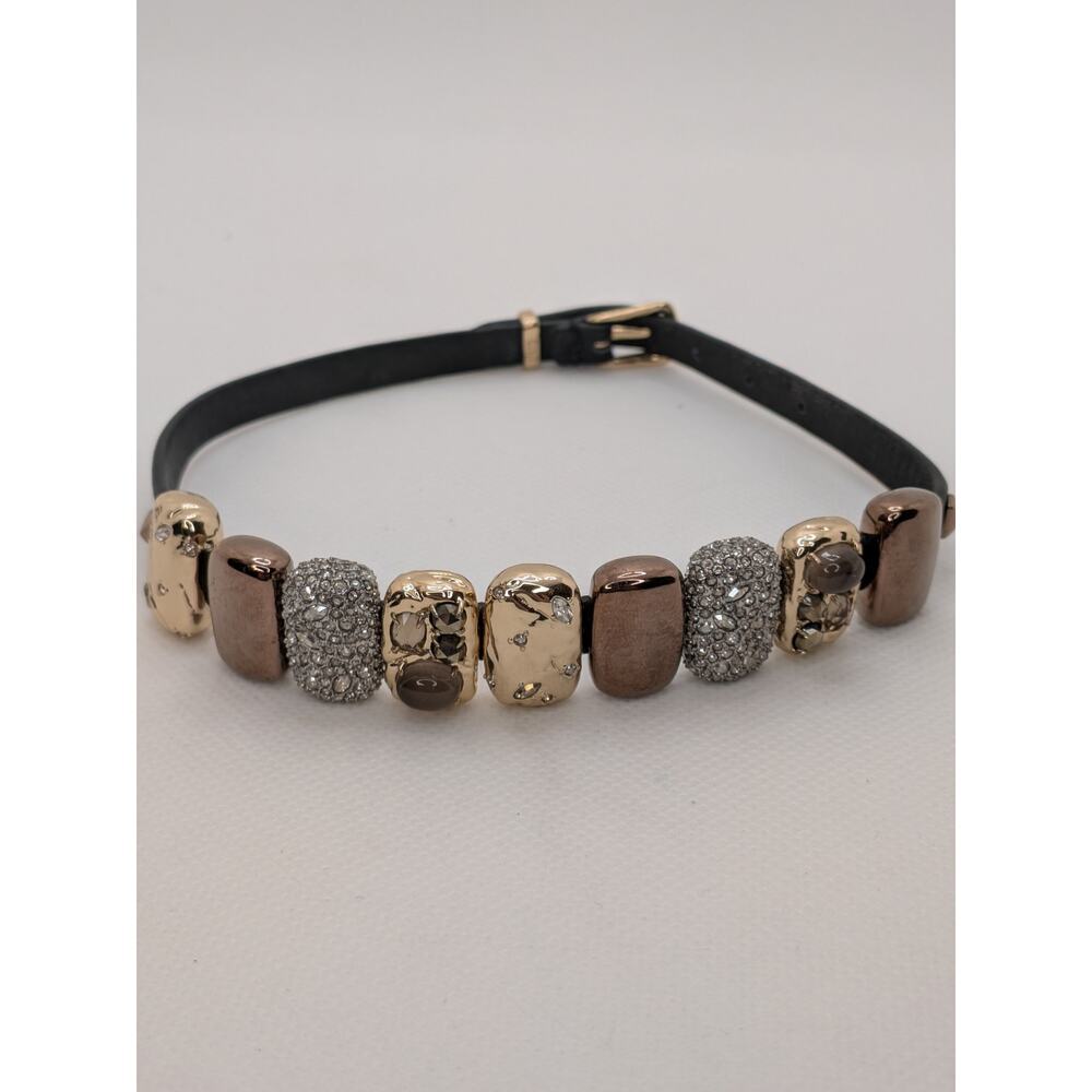 Alexis Bittar Crystal Embellished Three Tone Metal Black Leather Bracelet Choker